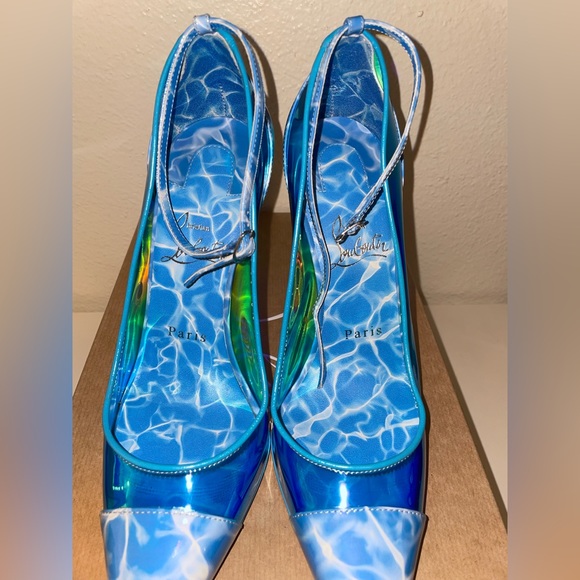 CHRISTIAN LOUBOUTIN DEBOUT CONDORAPIK 100 VINYL & PATENT PUMP LIN BLUE SPLASH - Picture 3 of 13